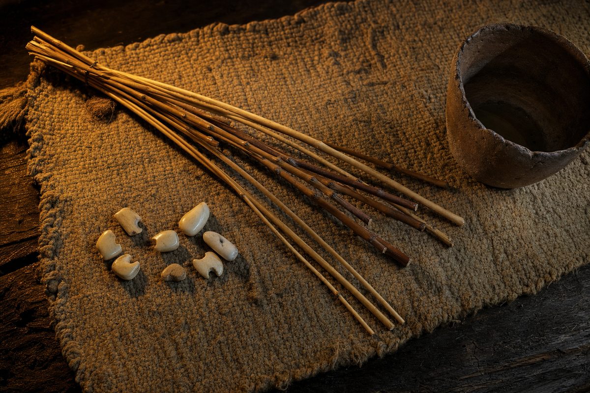 Mănunchi de nuiele de răchită întins pe o țesătură de lână, alături de piese mici de os