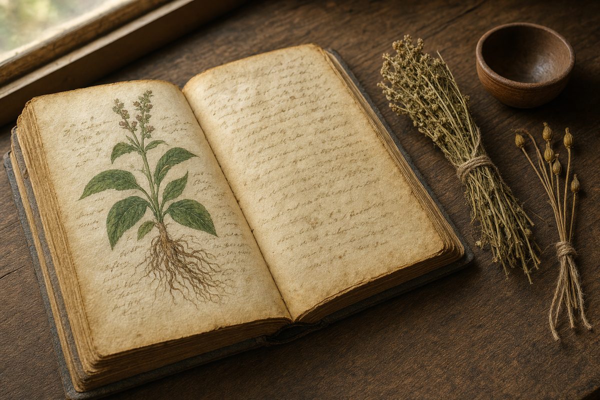 Manuscris vechi de plante medicinale, deschis pe o masă de lemn, alături de plante uscate